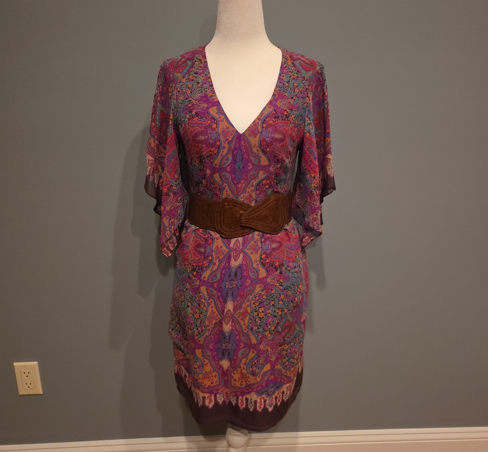 Nanette Lepore 100% Silk Purple Paisley V-Neck Dress with Brown Belt Size 0